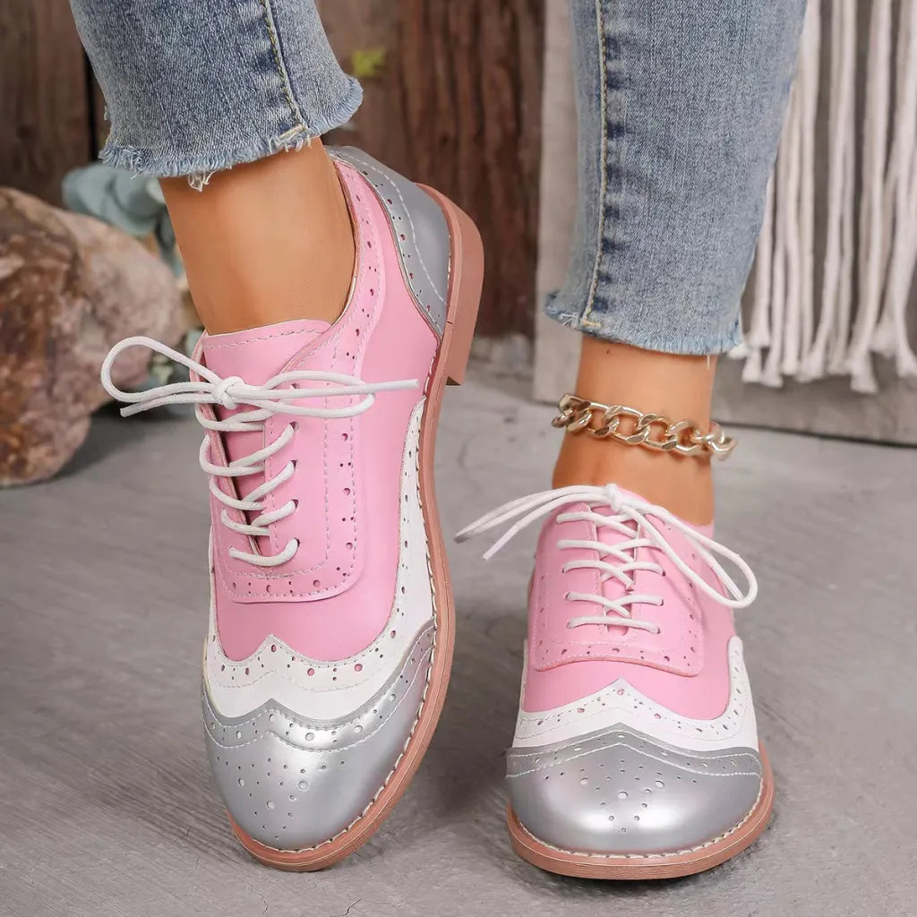 Flat Sneakers Wear-resistant Casual Low-top Lace-up Round Toe Single Shoes - Pink