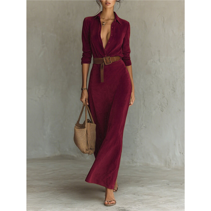 New Waist tight Long Women's Dress With Belt Wine - Shop at LoveMi