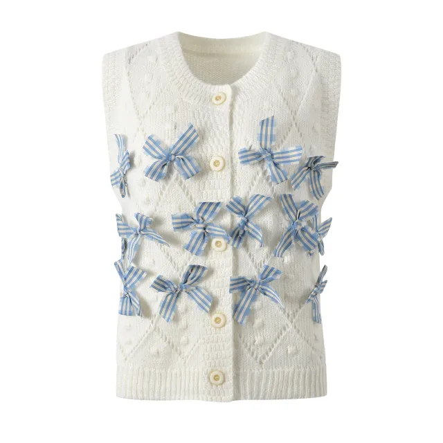 Women's Single breasted Knitted Vest Short Top With Bow Decoration White - Shop at LoveMi