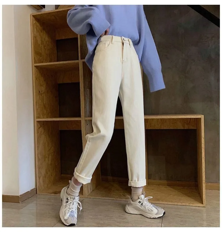 Women's Fashion Simple High Waist Cropped Jeans - Apricot
