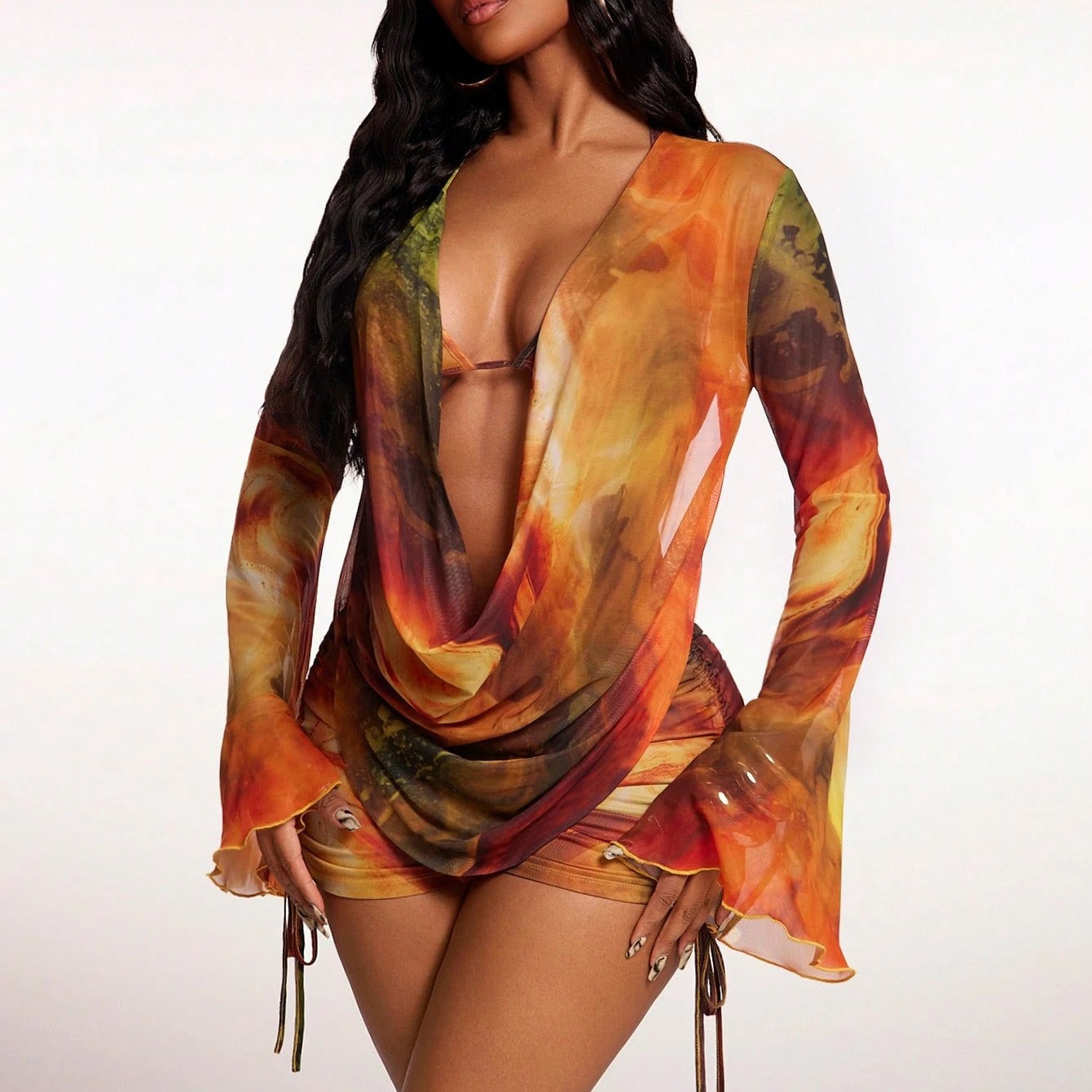 Painted-print Boxer Swimsuit Womens Mesh Sheer Modest Hot Spring Swimwear