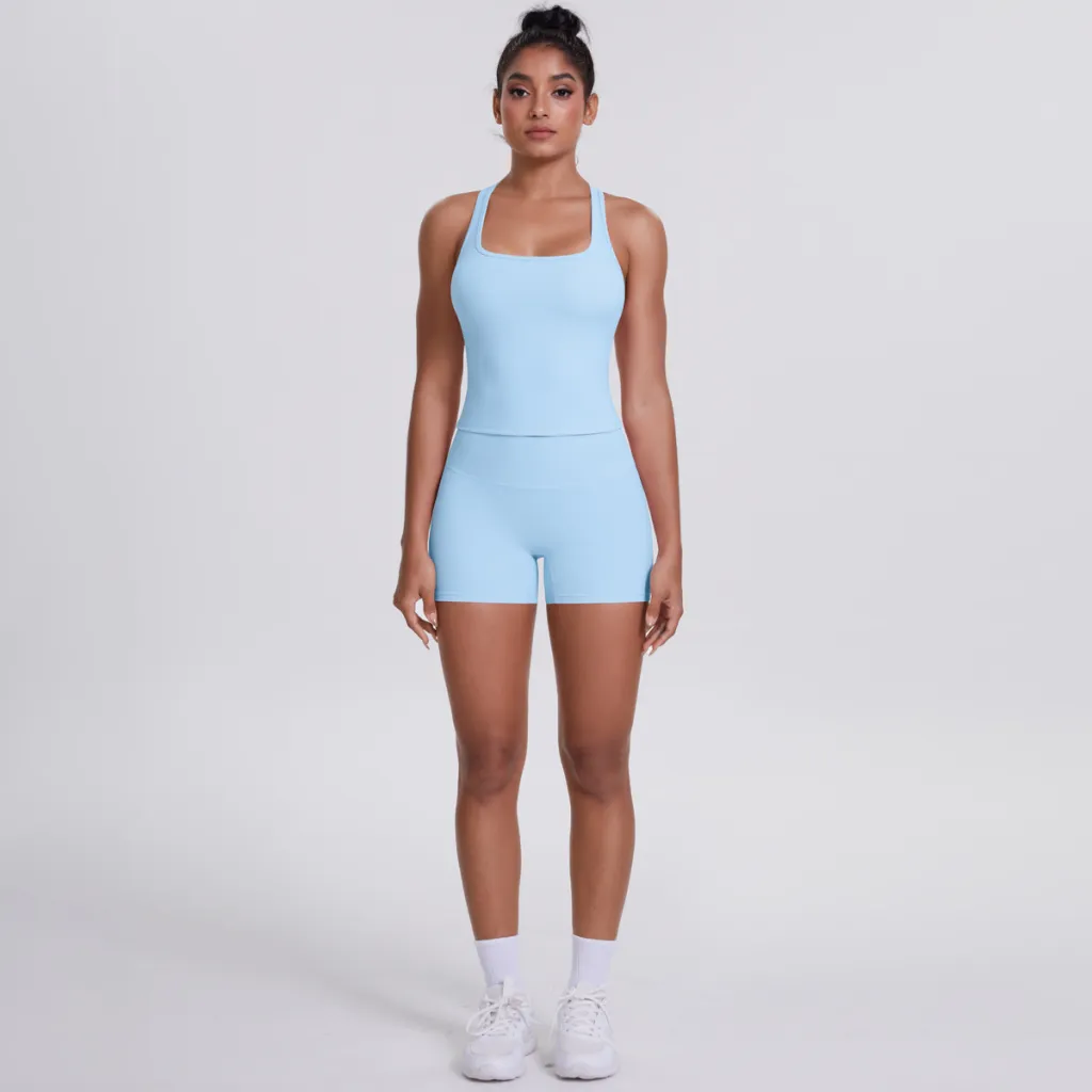 Brushed Outdoor Leisure Running Yoga Clothes Beauty Back Hip Raise Skinny Shorts Suit - Sky Blue