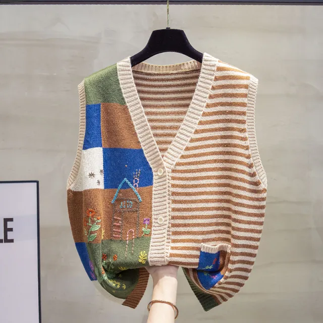V neck Knitted Cardigan Vest For Women Khaki - Shop at LoveMi