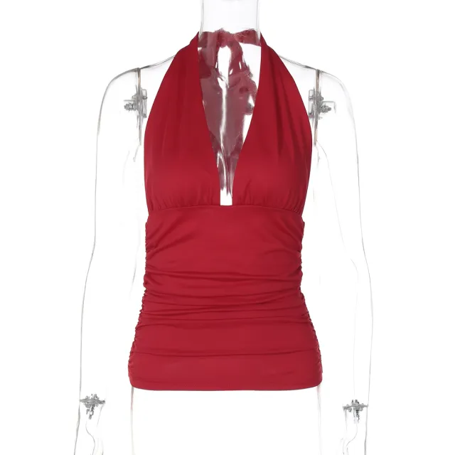 Ins Style Pure Color Halter V neck Backless Slim Fit Top Red - Shop at LoveMi