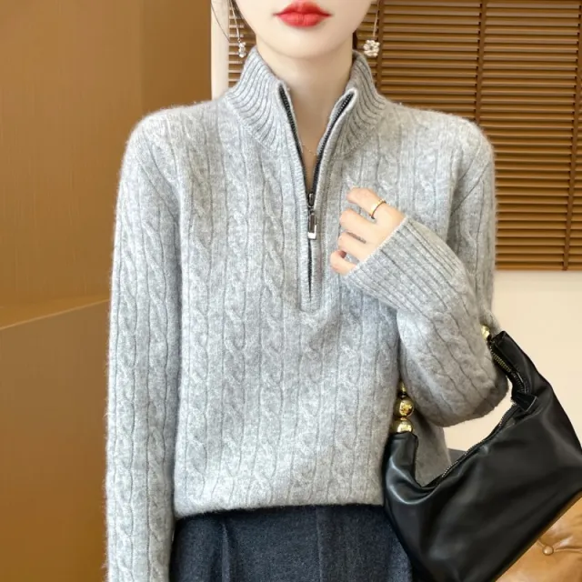 Women's Woolen Sweater Half Zipped Stand Collar Sweater Gray - Shop at LoveMi