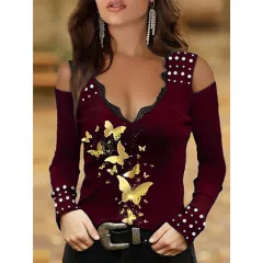 Women's Lace Bronzing Butterfly Print Off Shoulder Long Sleeves - Red - View 1