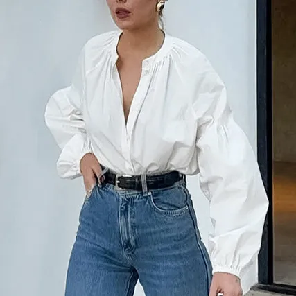 Round Neck Loose High end Sense Shirt Women White - Shop at LoveMi