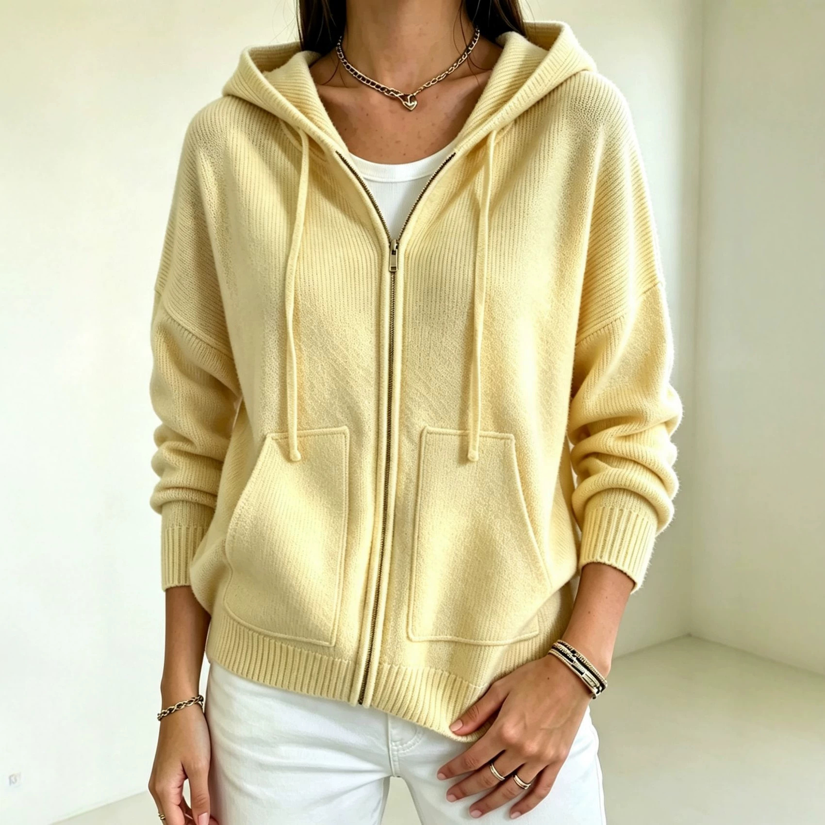 Solid-color Hooded Zip-up Loose-fit Knit Cardigan For Women 9