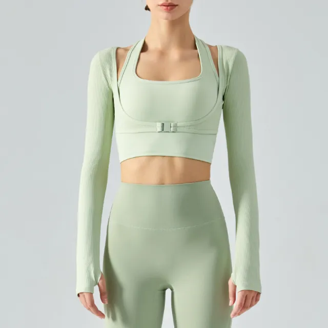 Halter Fake Two piece Slim Fit Yoga Long Sleeve Nude Feel Sports Top Women's Light Creamy Green - Shop at LoveMi
