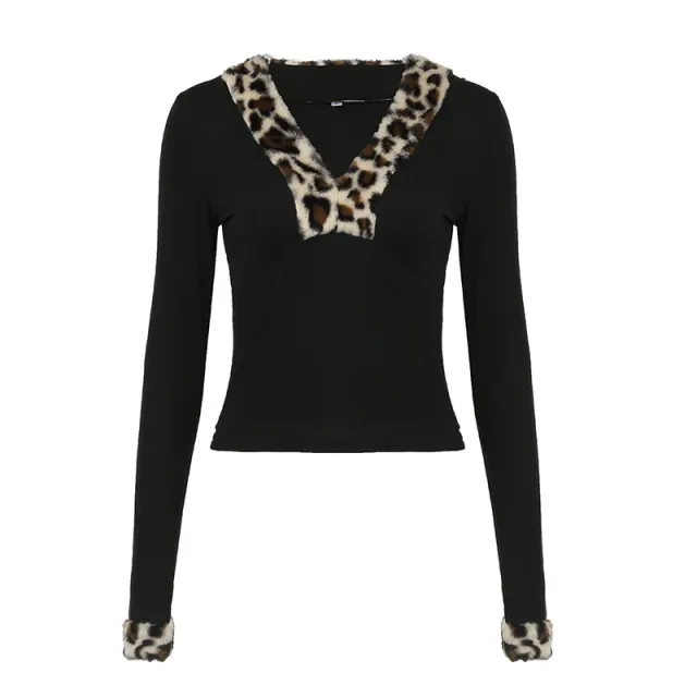 French Sexy Leopard Print Base All matching T shirt Sweater Black - Shop at LoveMi