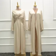 Turkey Dubai Fashion Solid Color Two-piece Set Dress Cardigan Suit - Beige - View 1