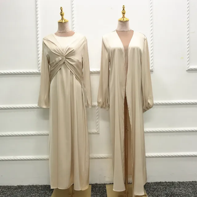 Turkey Dubai Fashion Solid Color Two piece Set Dress Cardigan Suit Beige - Shop at LoveMi