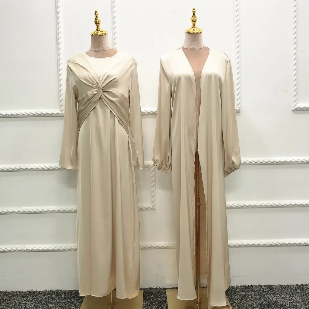 Turkey Dubai Fashion Solid Colour Two-piece Set Dress Cardigan Suit - Beige
