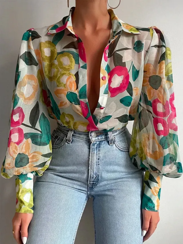 Summer Printed Lantern Sleeve Fashion Shirt Small Chrysanthemum - Shop at LoveMi