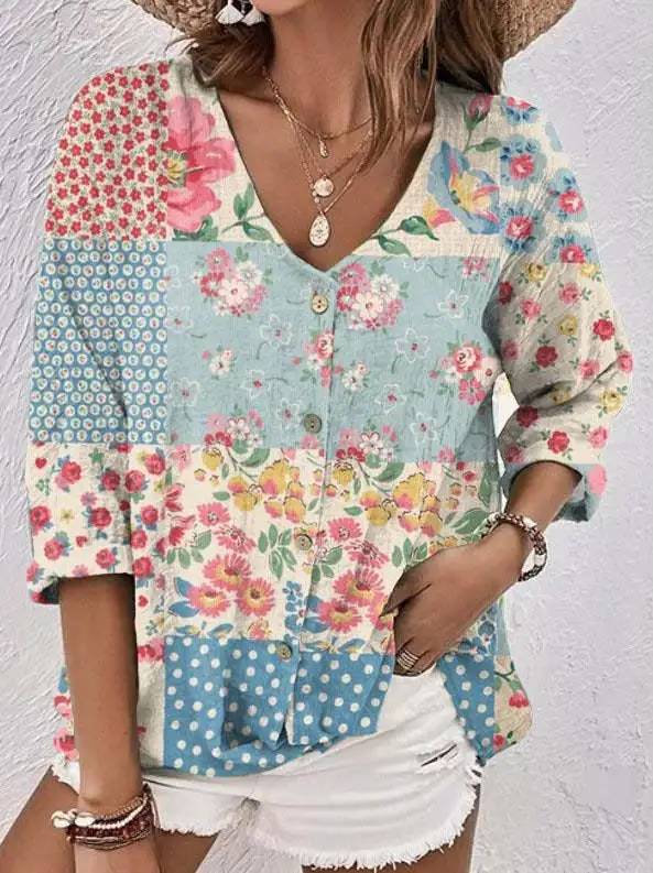 Female Oil Painting Printed V neck Short Sleeved Shirt Multicolor - Shop at LoveMi