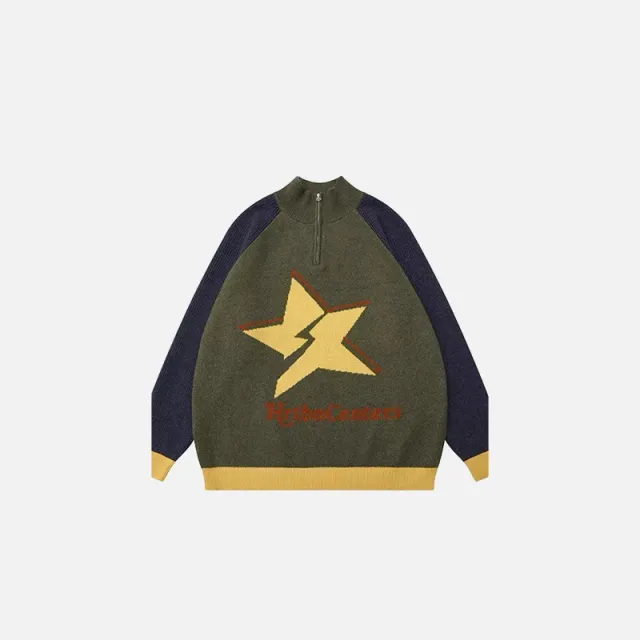 XINGX Jacquard Casual Contrast Color Loose Sweater Olive Green - Shop at LoveMi
