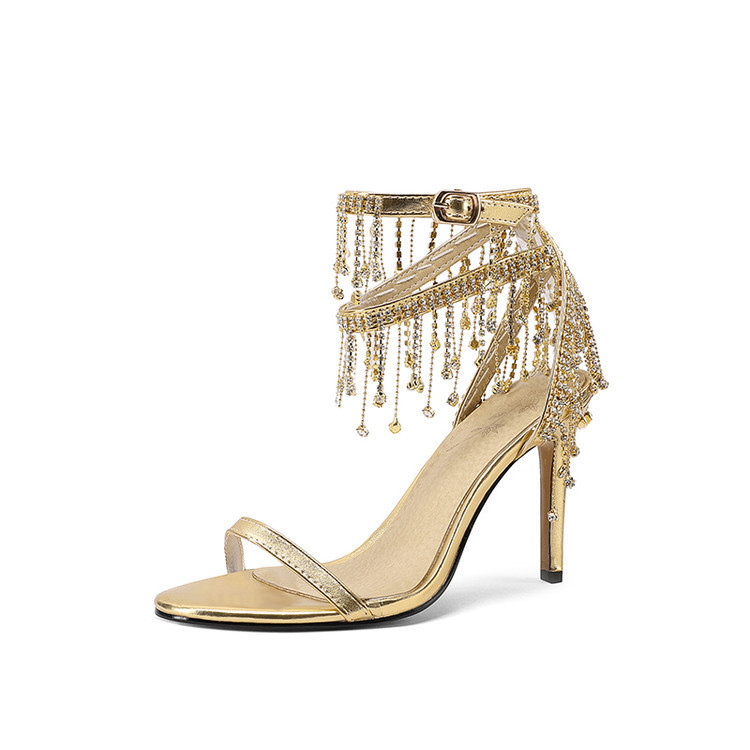Minimalist Single-strap Sandals Round-toe Tassel-detail Stiletto Heels — detail view 10