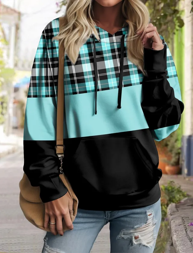 Women's Pullover Plaid Color Block Hoodie Long Sleeve 3H5Yt3P L - Shop at LoveMi