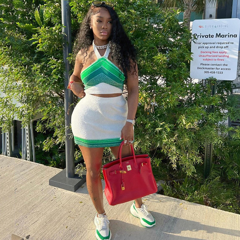 Women's New Fashion Jacquard Knitted Contrast Color Halter High Waist Slim Fit Skirt Suit