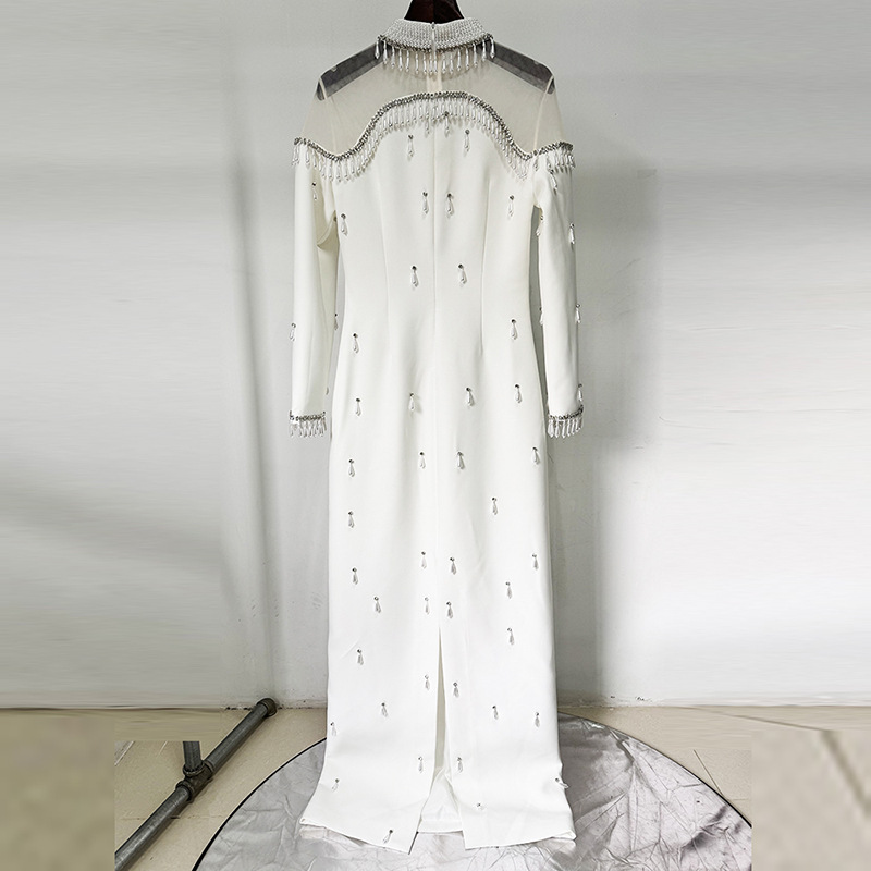 Heavy-duty Pearl Bead And Diamond-embellished Mesh-panel Long Dress