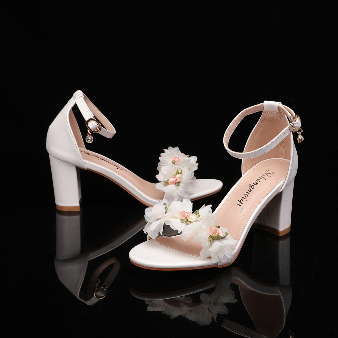 Boho Block Wedding Heels with 3D Flowers