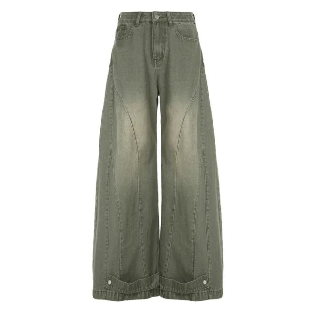 Women's Autumn And Winter Loose Patchwork Wide leg Jeans Green - Shop at LoveMi