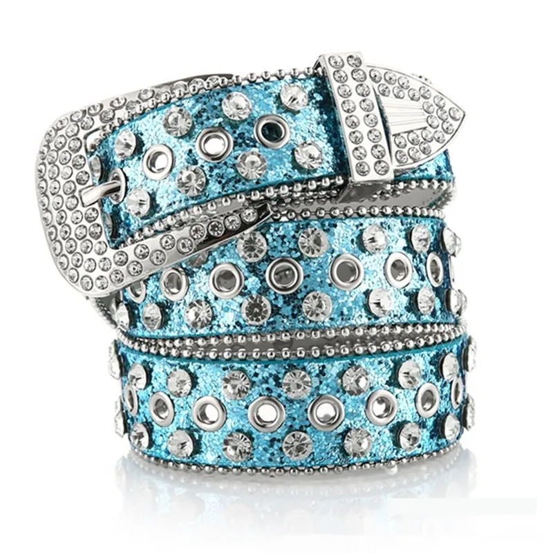 Women's Rhinestone Inlaid Decoration Belt - Side Bead Hole Blue