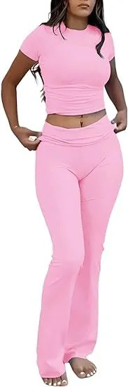Casual Workout Round Neck Top Low Waist Bell bottom Pants Sportswear Suit Pink - Shop at LoveMi