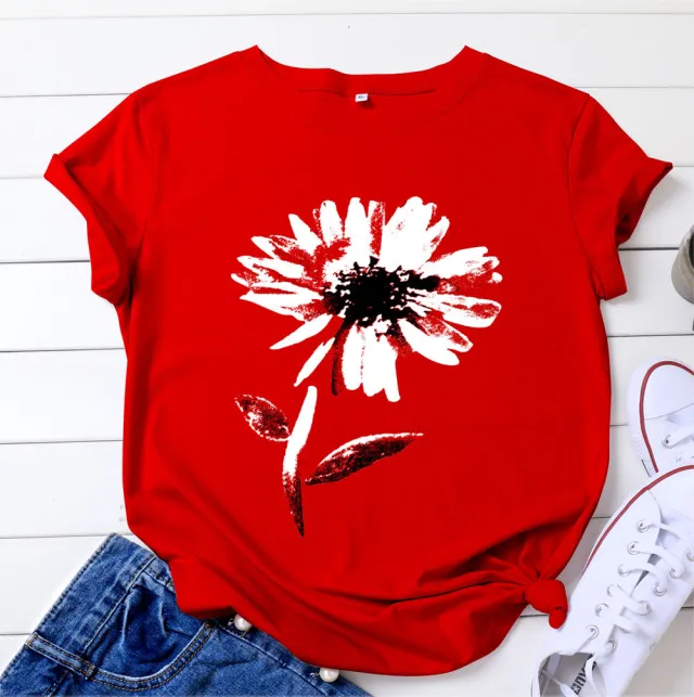 Women's Floral Printed Cotton Short sleeved T shirt Top Red - Shop at LoveMi