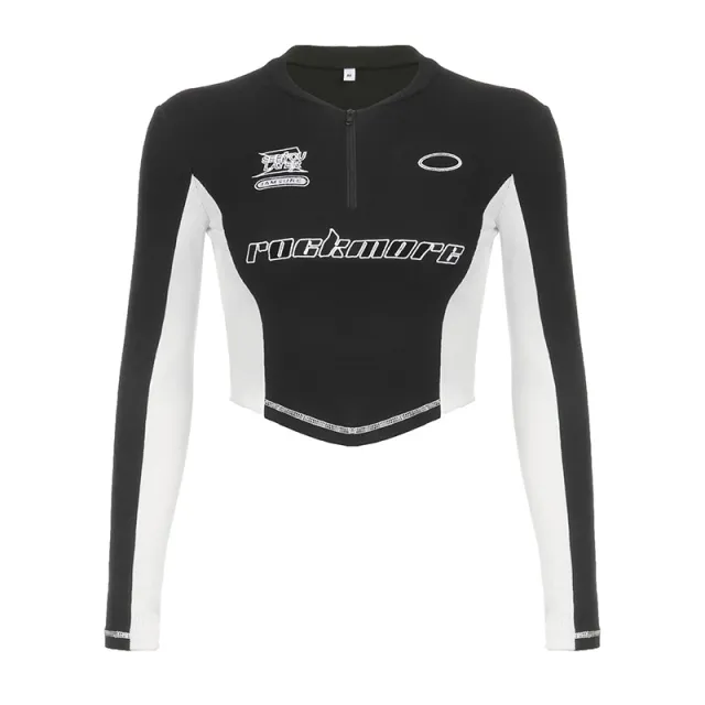 Street Cool Handsome Color Contrast Patchwork Letter Embroidered Long Sleeve Black - Shop at LoveMi