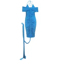 Solid Colour Sexy French Style V-neck Hip Dress - Blue - View 1