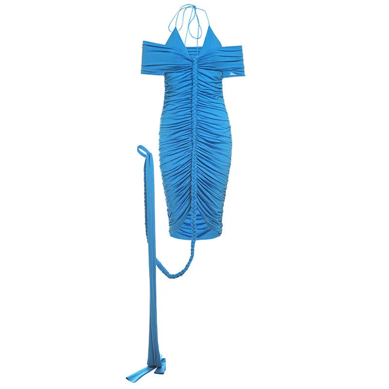 Solid Colour Sexy French Style V-neck Hip Dress - Blue
