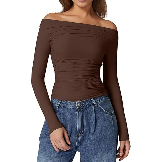 European And American Women's Clothing Top Off shoulder Long Sleeve T shirt Brown - Shop at LoveMi