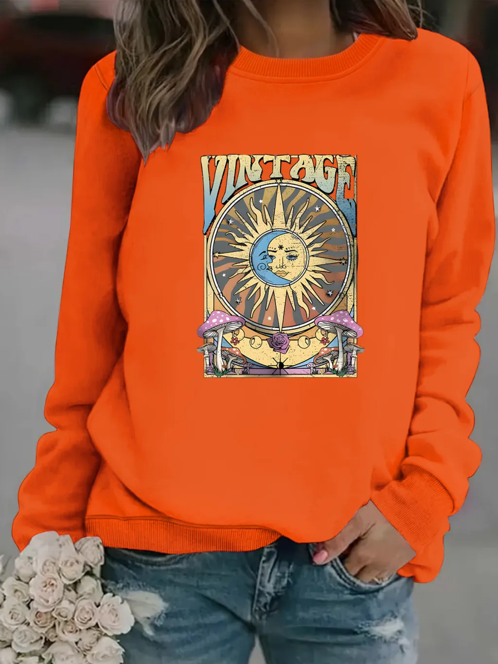 Women's Autumn And Winter Clothing Casual Long Sleeve Round Neck Sun Moon Print Pullover Sweater Sweatshirt - Orange Red