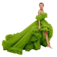 Tube Top Short Front And Long Back Dress - Yellow Green - View 1