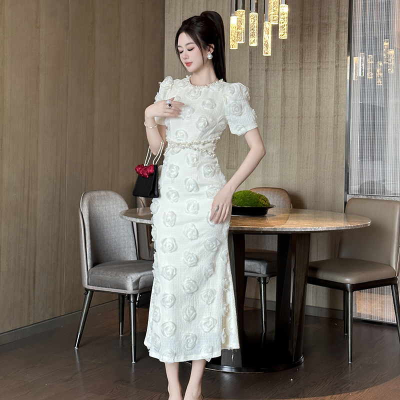 Socialite Style Elegant Pearl Round Neck Waist Trimming Three dimensional Flower Sheath Dress White - Shop at LoveMi