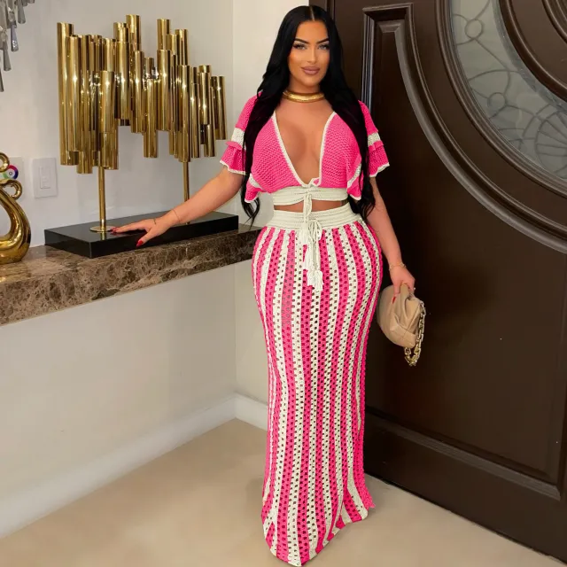 Women's Clothing V neck Hollow Striped Knitting Suit Z0326 Rose Red - Shop at LoveMi