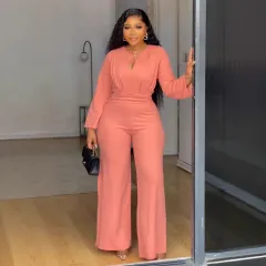 Elegant Stretch Slim Hollow-out Cinched Wide Leg Jumpsuit - Pink - View 1