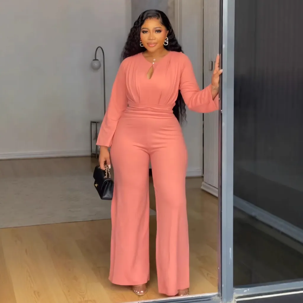 Elegant Stretch Slim Hollow-out Cinched Wide Leg Jumpsuit - Pink