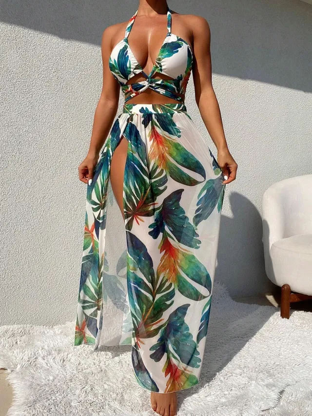 Split Summer Beach Sexy Swimsuit Exaggerated Large Plant Print - Shop at LoveMi