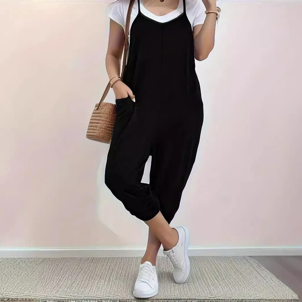 Pocket Sling Loose Casual Jumpsuit Women - Black