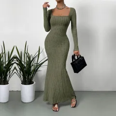 Women's Ouji-style Square Neck Dress For Autumn And Winter - Grey Green - View 1