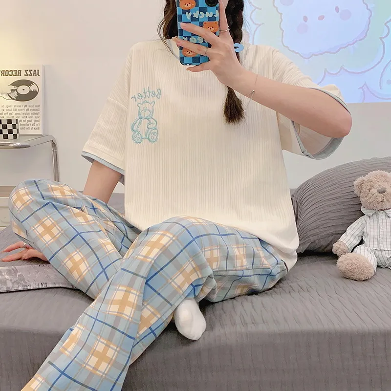 Summer Pyjamas Women's Short-sleeved Trousers Round Neck Cotton Homewear Cartoon Suit - Yne3254 Style