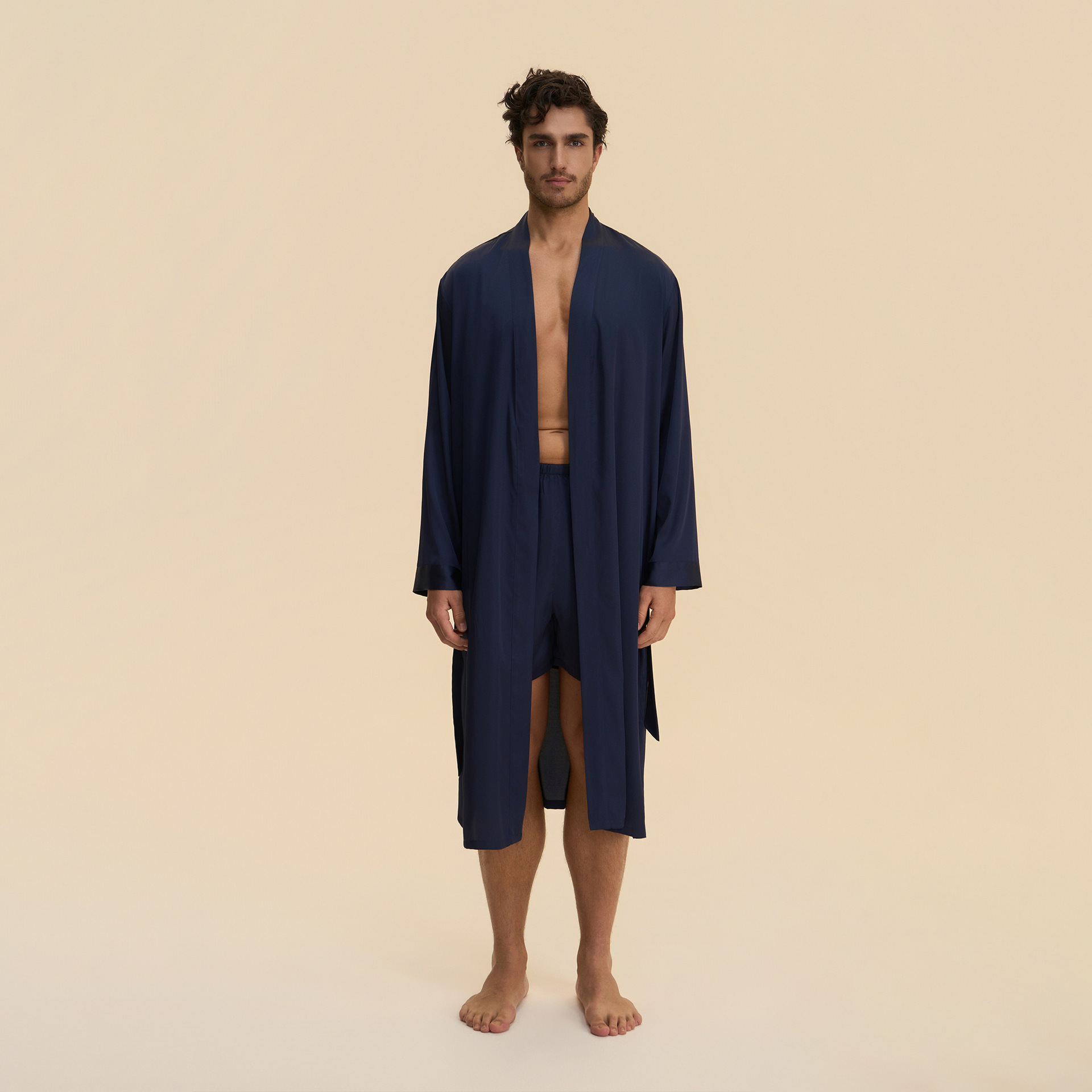 Mens Solid-Color Long Nightgown And Shorts Satin Bathrobe Loungewear Set