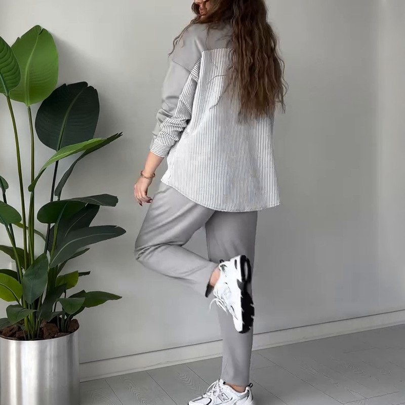 Women's New Loose Round Neck Stitching Comfortable Fashion Casual Set Pants