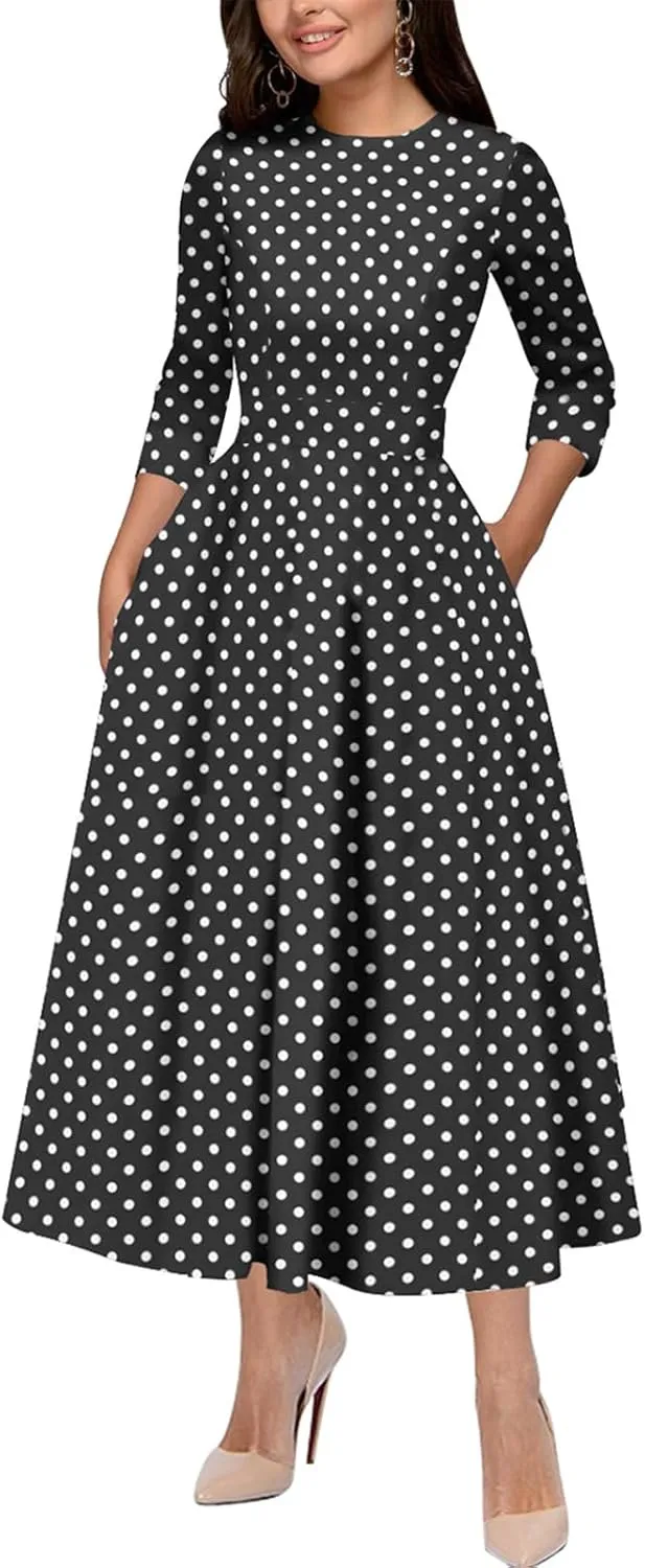 Slim Fit Waist Retro Printed Dress Women With Pockets 4 Flowers - Shop at LoveMi
