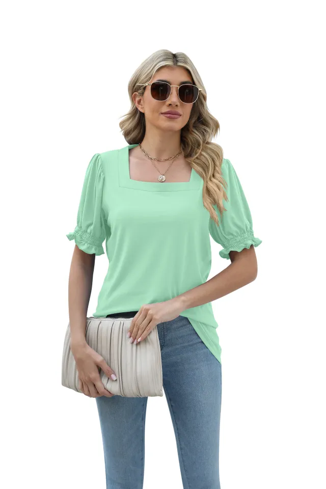 European And American New Solid Color Square Collar Short Sleeve Smocking Loose T shirt Light Green - Shop at LoveMi