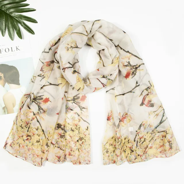Yarn Branches Bird Magpie Print Paris Scarf Beige - Shop at LoveMi