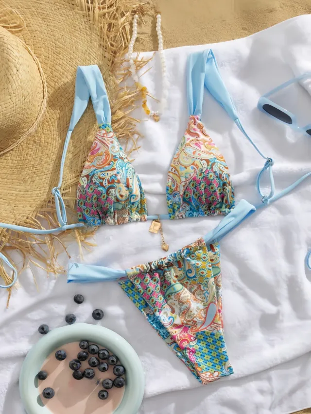 European And American Split Sexy Pelis Printed Bikini Blue - Shop at LoveMi