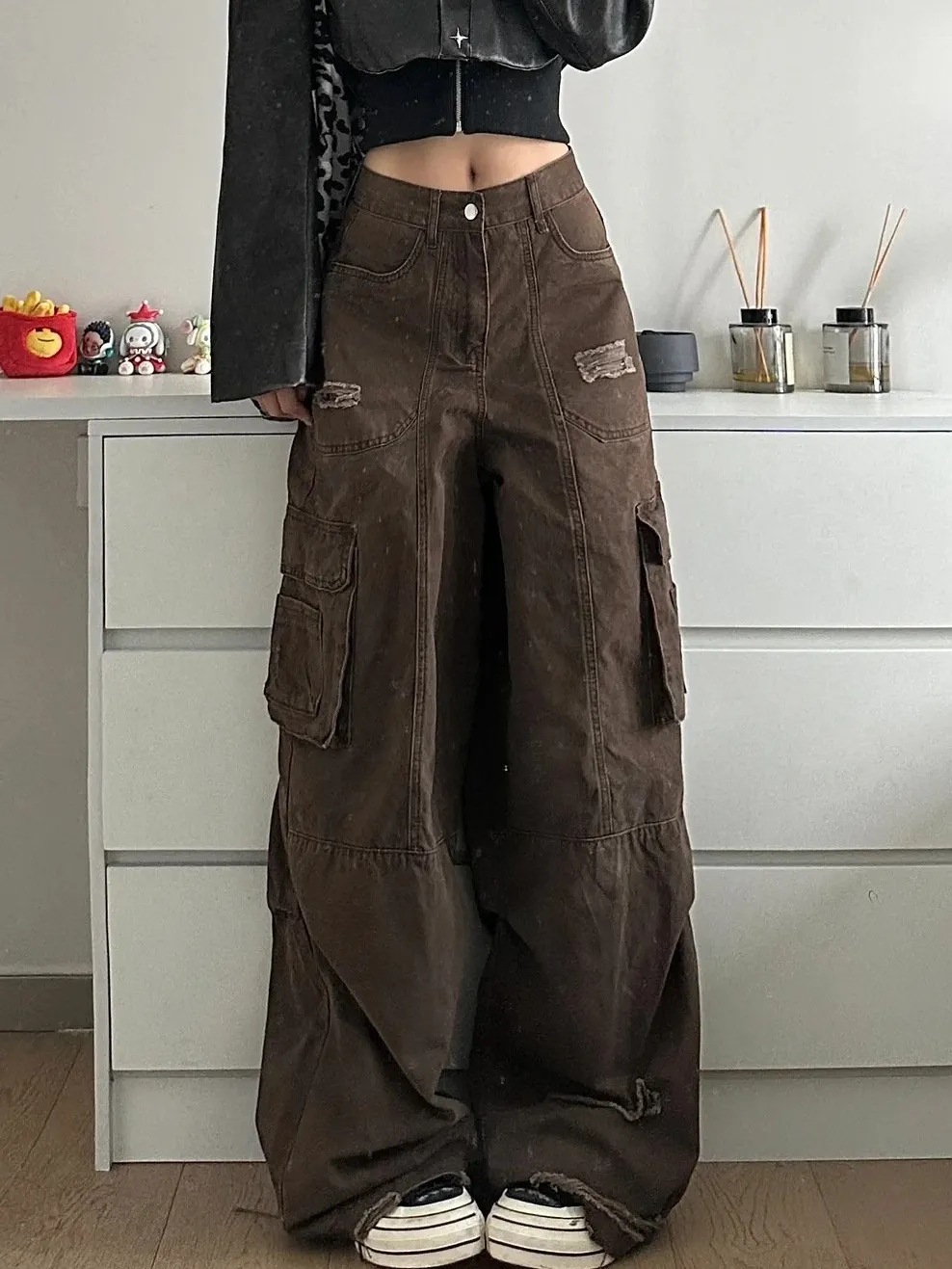 Plus Size American Ripped Multi pocket Workwear Jeans Picture Color - Shop at LoveMi